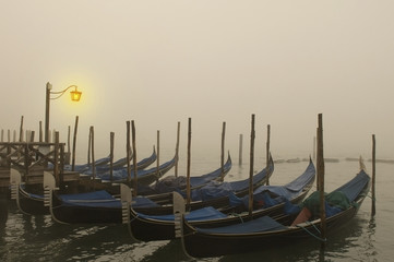 Venetian gondolas in the fog