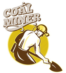 Coal Miner With Shovel Retro Woodcut