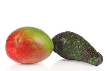 Fresh avocado and mango on a white background