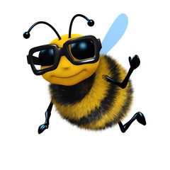 3d Bee wears glasses and waves hello - obrazy, fototapety, plakaty