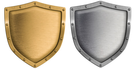 metal shields set silver and gold isolated on white