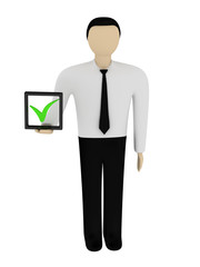 The man holds the checkbox