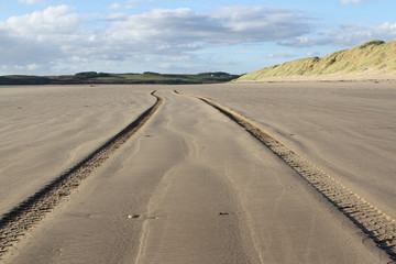 Fototapeta na wymiar Tire tracks on beach.