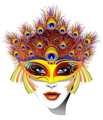 Maschera Piume Pavone Donna-Peacock Feathers Mask Face-Vector