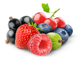 Isolated berries. Pile of fresh strawberry, raspberry, blueberry and other berry fruits isolated on white background