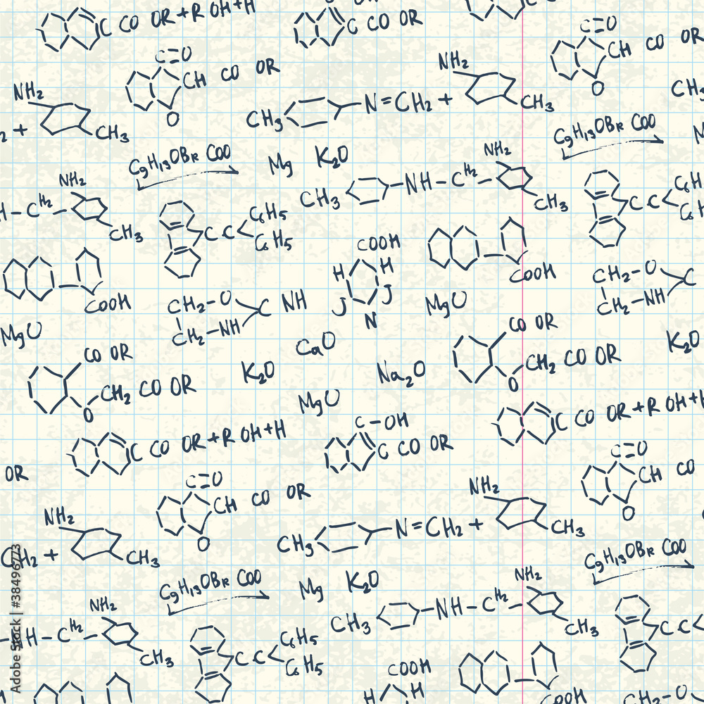 Poster abstract chemistry formulas on exercise book paper sheet. vector
