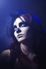 girl with lantern seeking in night