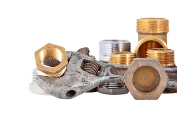 Plumbing pipe and wrench, isolated on white background