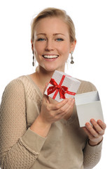 Woman Holding Gift Box With Ribbon