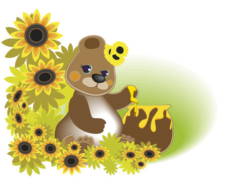 The bear with honey in the sunflower garden.