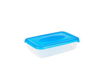 transparent plastic container with a blue lid for food storage