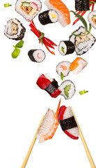 Sushi pices flying on white background