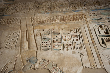 Egyptian hieroglyphic carvings on a temple wall