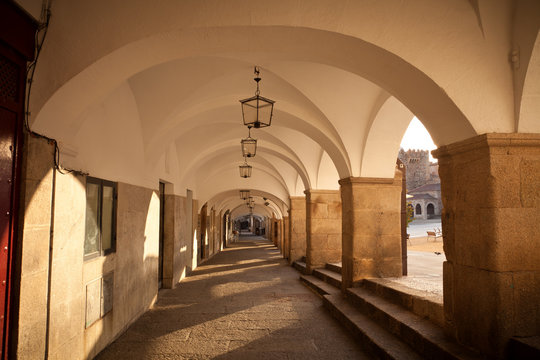 Galería porticada (colonnade) in Caceres Main Square, Spain