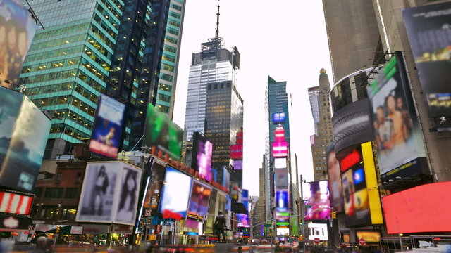 Times Square in New York City time lapse with blurred trademarks
