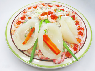 creative squid meal with caviar salad