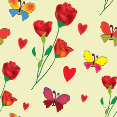 Seamless floral composition with rose,butterflies and hearts