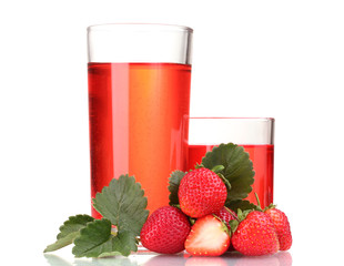 Fresh strawberry and juice glasses isolated on white