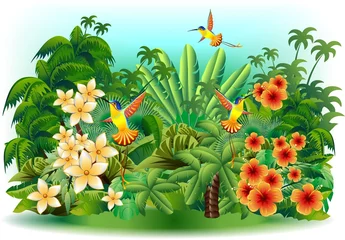 Zelfklevend Fotobehang Colibri Jungle en bloemen-kolibries op Jungle-Vector © BluedarkArt