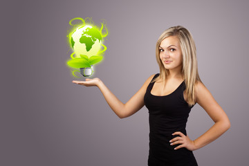 woman holding virtual eco sign