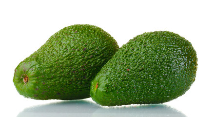 two ripe avocado fruits isolated on white