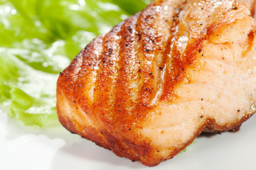 grilled salmon on white plate