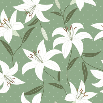 Seamless vector wallpaper with delicate green lilies