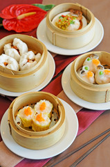 A variety of dim sum in bamboo steam