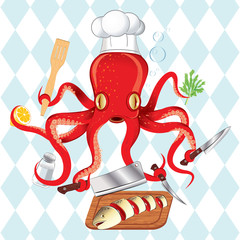Vector illustration of octopus cooking sushi and fish