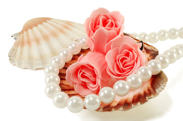 sea shell with pearls and a rose