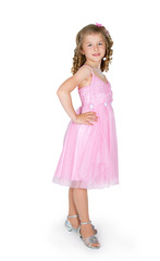 The girl in a pink dress on a white background