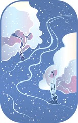 Illustration with a two white winter tree on blue background