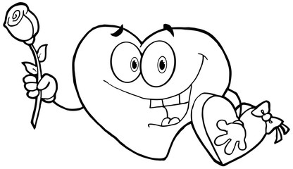 Outlined Sweet Red Heart Man Carrying Chocolates And A Rose