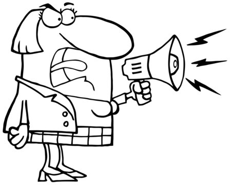 Outlined Mad Business Woman Yelling Through A Megaphone