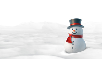 Cute snowman in snowy mountain landscape.