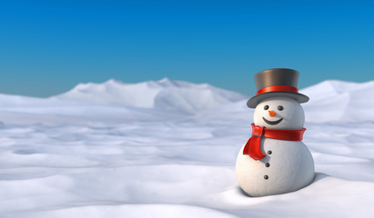 Cute snowman in snowy mountain landscape.
