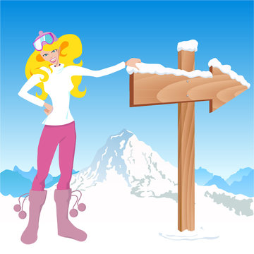 winter girl with direction sign.
