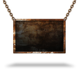 Rusted signboard. Chain.