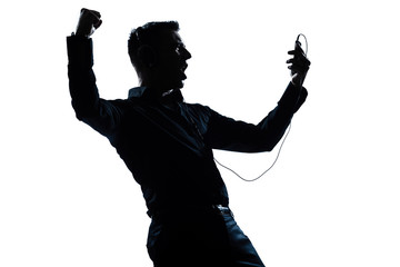Fototapeta na wymiar silhouette man portrait happy listening to music