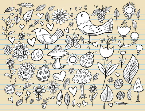 Doodle Spring Time Elements Vector Illustration Set