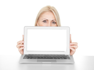 Business woman presenting laptop