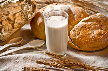 Rural still life with milk and bread