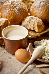Food still life with rolls and milk