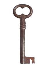 Old rusty key isolated on white background.