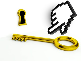 Gold key and keyhole, concept of opportunity with hand icon