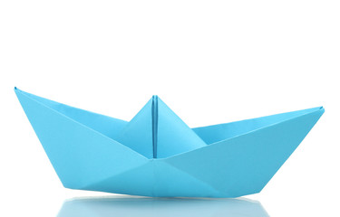 Origami boat out of the blue paper isolated on white