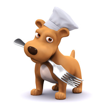 3d Dog in chefs hat with a fork