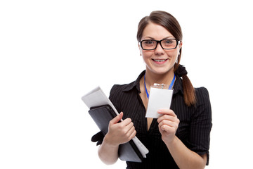 Woman with blank id card.