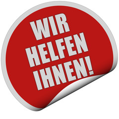 Sticker rot rund curl unten WIR HELFEN IHNEN!