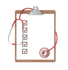 Clipboard and Stethoscope. Red and steel. Isolated.